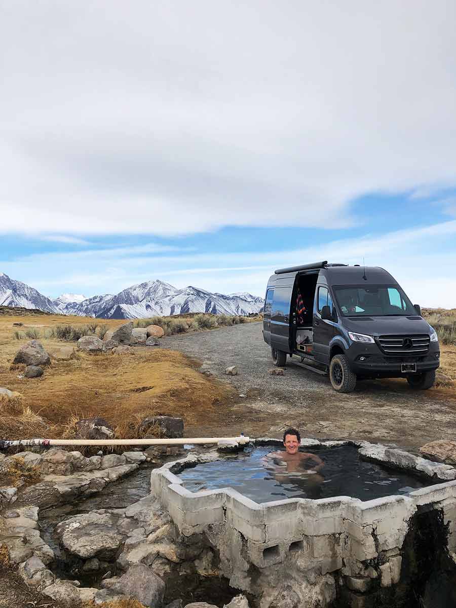 van-camping-near-Hot-Spring parking our van near some hot springs in Mammoth, CA