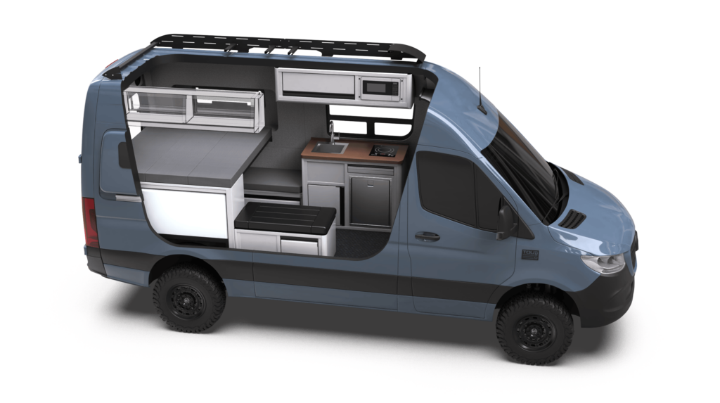 Mercedes-Benz Sprinter 144 Drifter by TOURIG in Blue Grey with Tool White Cabinets and Walnut Butcher Block Countertops