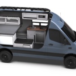 Mercedes-Benz Sprinter 144 Drifter by TOURIG in Blue Grey with Tool White Cabinets and Walnut Butcher Block Countertops