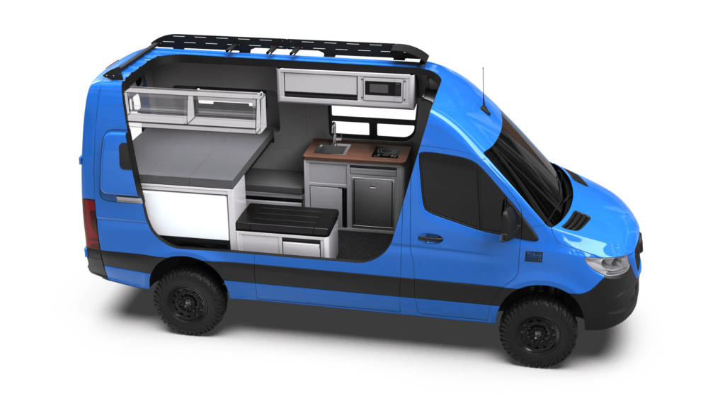 Mercedes-Benz Sprinter 144 Drifter by TOURIG in Brilliant Blue with Tool White Cabinets and Walnut Butcher Block Countertops