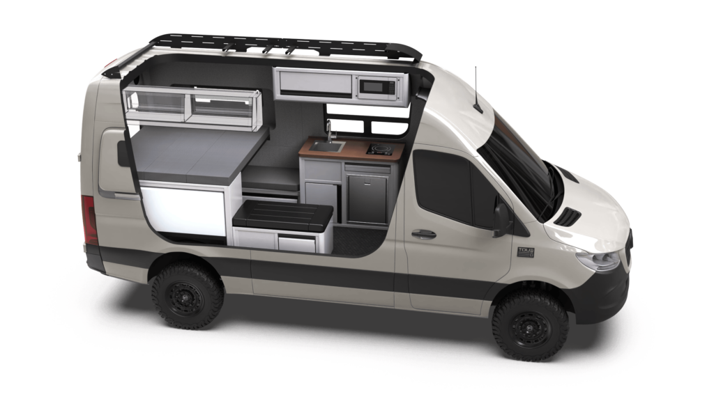 Mercedes-Benz Sprinter 144 Drifter by TOURIG in Pebble Grey with Tool White Cabinets and Walnut Butcher Block Countertops
