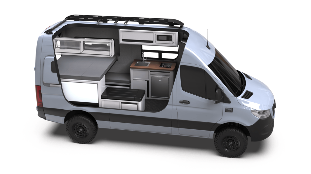 Mercedes-Benz Sprinter 144 Drifter by TOURIG in Silver Grey with Tool White Cabinets and Walnut Butcher Block Countertops