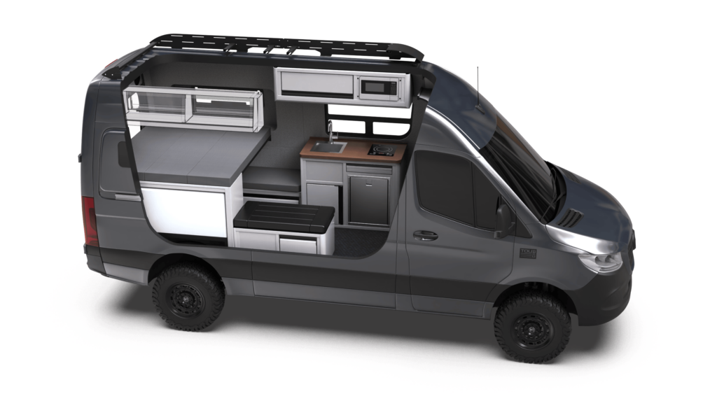 Mercedes-Benz Sprinter 144 Drifter by TOURIG in Tenorite Metallic with Tool White Cabinets and Walnut Butcher Block Countertops