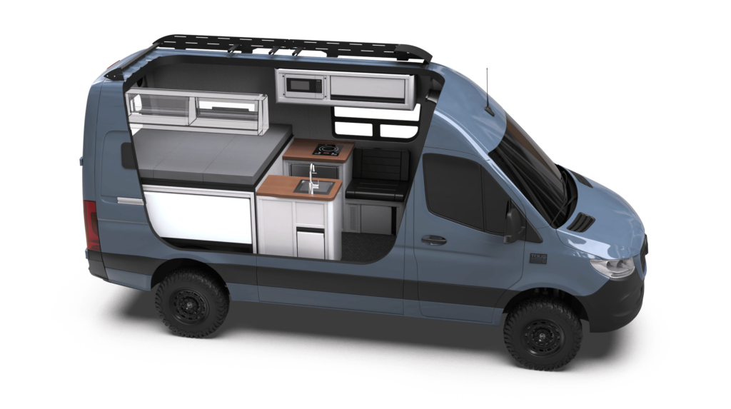 Mercedes-Benz Sprinter 144 Rover by TOURIG in Blue Grey with Tool White Cabinets and Walnut Butcher Block Countertops
