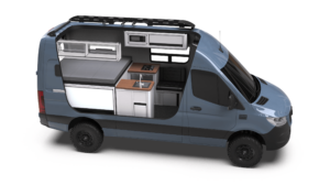 Mercedes-Benz Sprinter 144 Rover by TOURIG in Blue Grey with Tool White Cabinets and Walnut Butcher Block Countertops