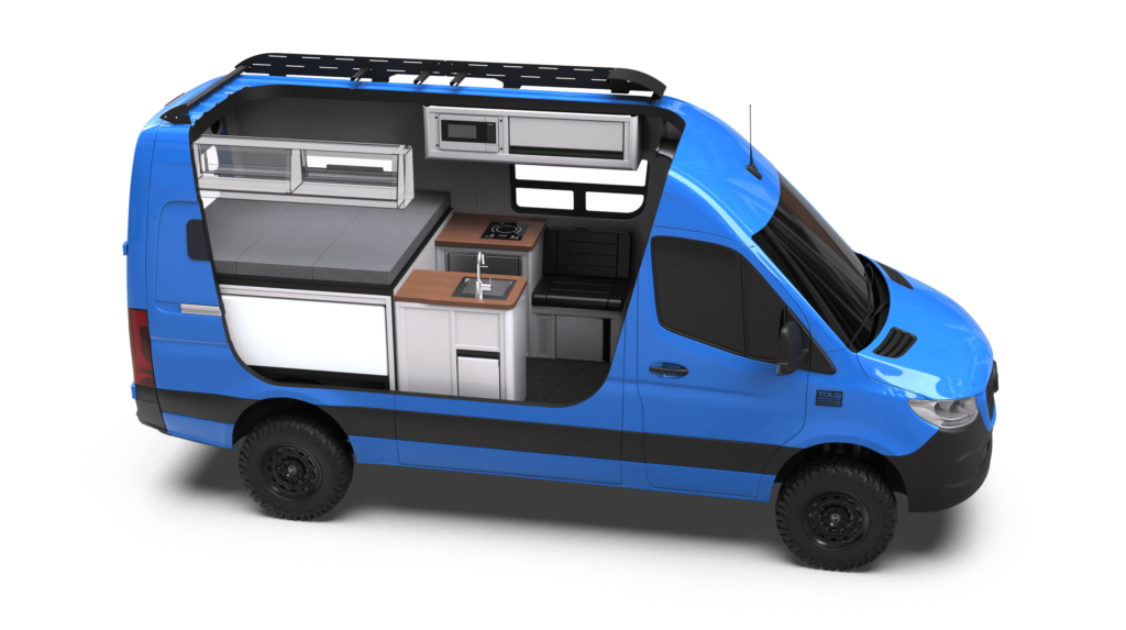 Mercedes-Benz Sprinter 144 Rover by TOURIG in Brilliant Blue with Tool White Cabinets and Walnut Butcher Block Countertops