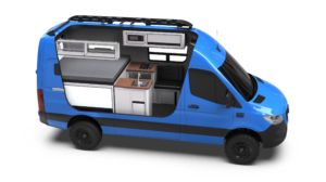 Mercedes-Benz Sprinter 144 Rover by TOURIG in Brilliant Blue with Tool White Cabinets and Walnut Butcher Block Countertops
