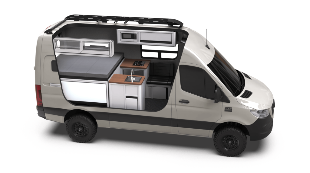 Mercedes-Benz Sprinter 144 Rover by TOURIG in Pebble Grey with Tool White Cabinets and Walnut Butcher Block Countertops