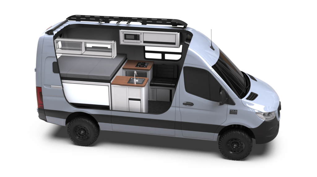 Mercedes-Benz Sprinter 144 Rover by TOURIG in Silver Grey with Tool White Cabinets and Walnut Butcher Block Countertops