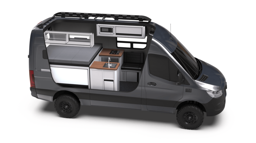 Mercedes-Benz Sprinter 144 Rover by TOURIG in Tenorite Metallic with Tool White Cabinets and Walnut Butcher Block Countertops